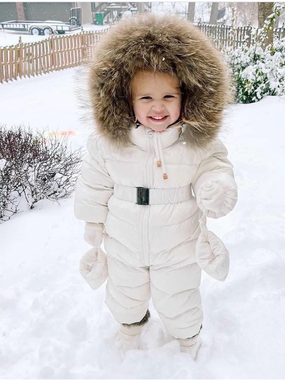 Mi Ivory Puffer Snowsuit with Faux Fur Trim